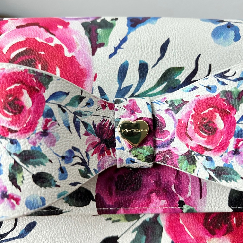 Betsey Johnson Floral Print Crossbody Bag Clutch with Bow Gold Chain - Picture 2 of 15